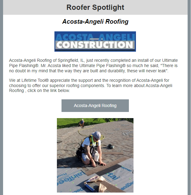 A roof contractor is featured on a professional spotlight page for completing an installation with a specific roofing system.