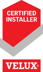 Logo of a velux® certified storm damage roofing installer program.
