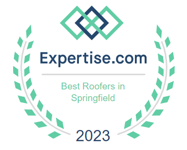 Award emblem for "best storm damage roofing in Springfield 2023" from expertise.com.